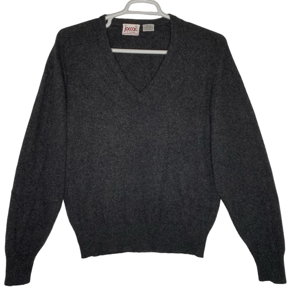 Vintage Jaccar Cashmere Sweater Gray Charcoal V-Neck Size Large 1980 - Picture 1 of 11